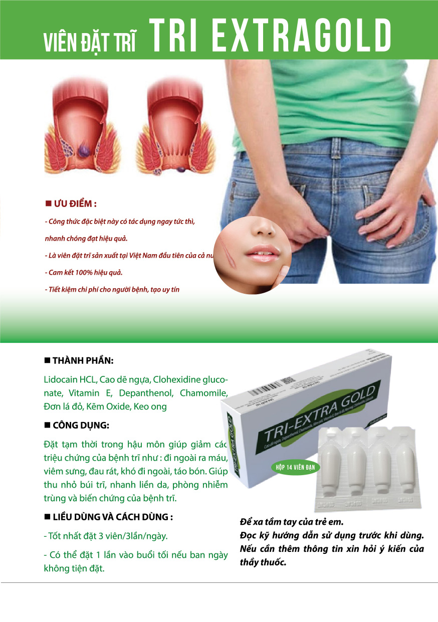 Viên đặt trĩ TRI EXTRAGOLD - Hỗ trợ thu nhỏ búi trĩ, giảm đau rát