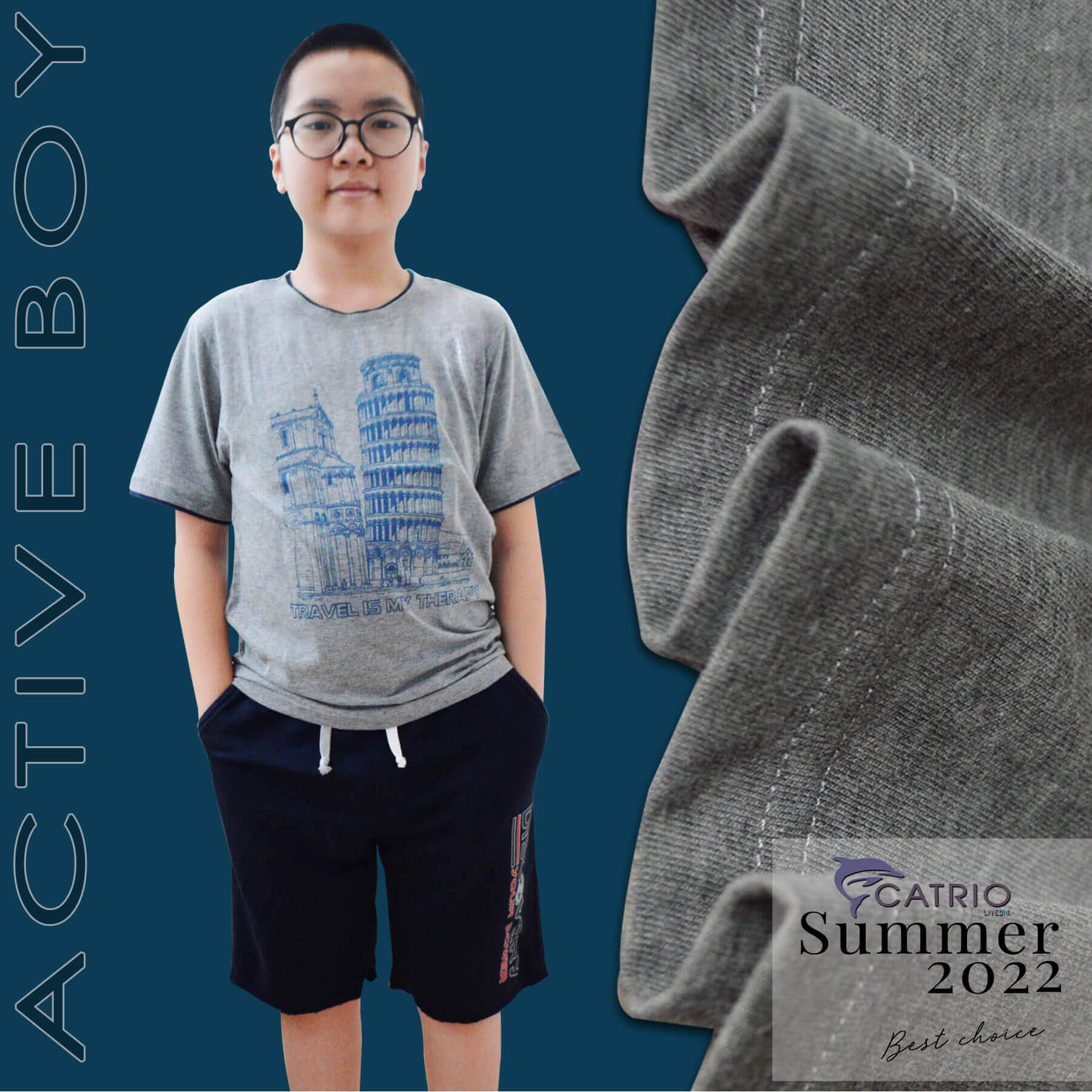 ÁO THUN BÉ TRAI NGẮN TAY CATRIO là áo phông trẻ em từ 9 tuổi đến 12 tuổi vải 100% cotton an toàn in Tháp nghiêng thuộc BST quần áo trẻ em mùa hè CATRIO màu XÁM