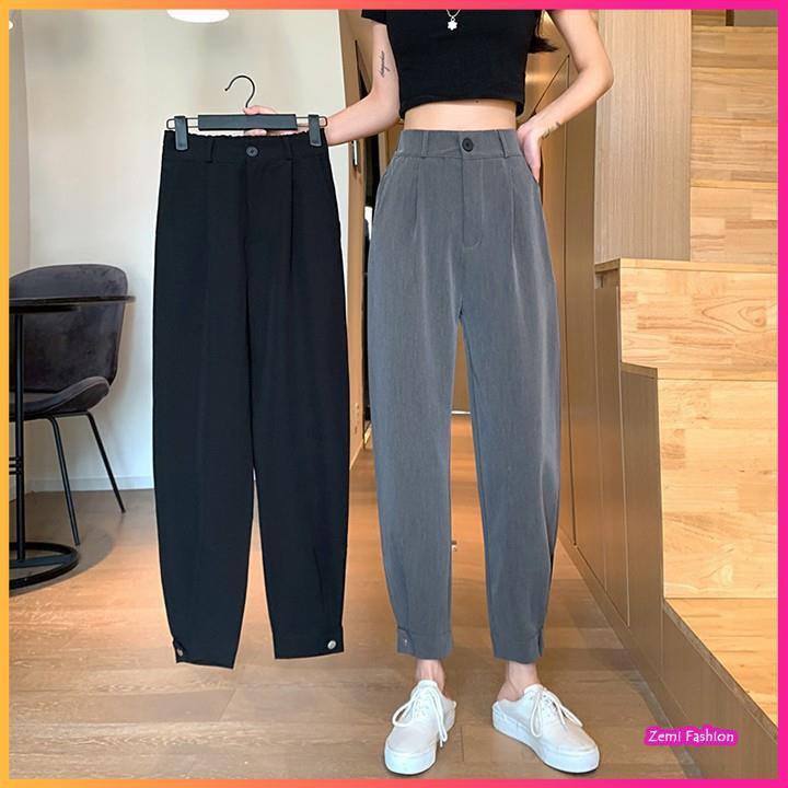 Quần baggy nữ cạp cao dáng rộng có khuy bo gấu Ulzzang
