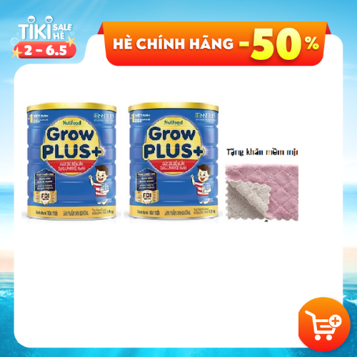 Combo 2 hộp  Sữa Grow Plus xanh 1,5kg công thức FDI độc quyền của Nutifood Thụy Điển giúp trẻ biếng ăn tăng cân hiệu quả. Tặng khăn mặt mềm mịn cho bé.