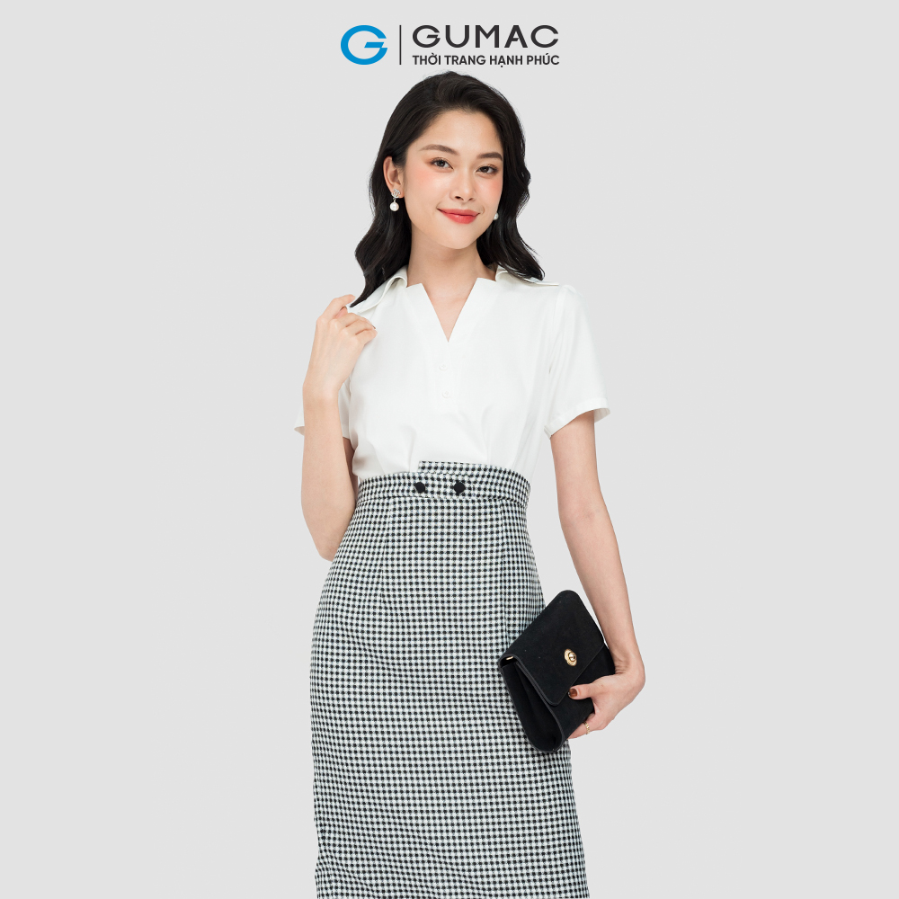 Đầm caro phối sơ mi GUMAC DC08101 vải kate lụa màu caro xám