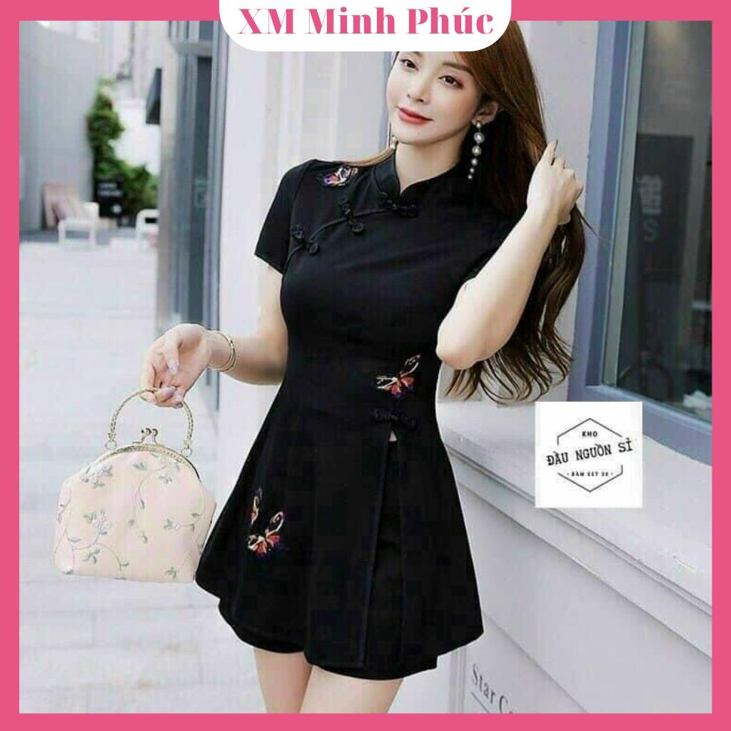 Set bộ nữ áo cổ tàu nút bọc thêu họa tiết kèm quần short duyên dáng sang chảnh Thời trang XM Minh Phúc