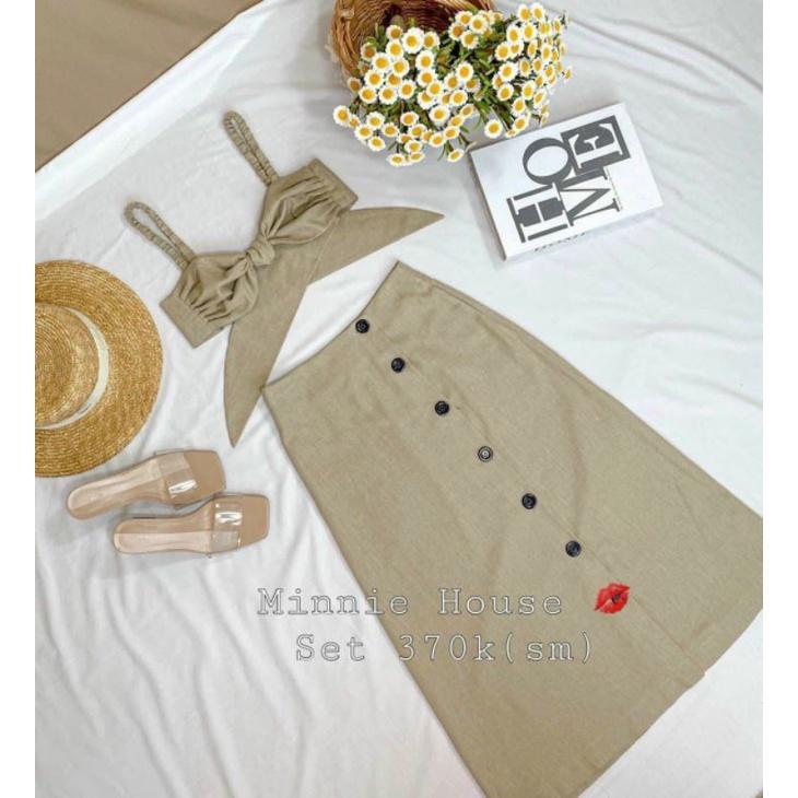 Sét áo 2 dât cột nơ chân váy nút