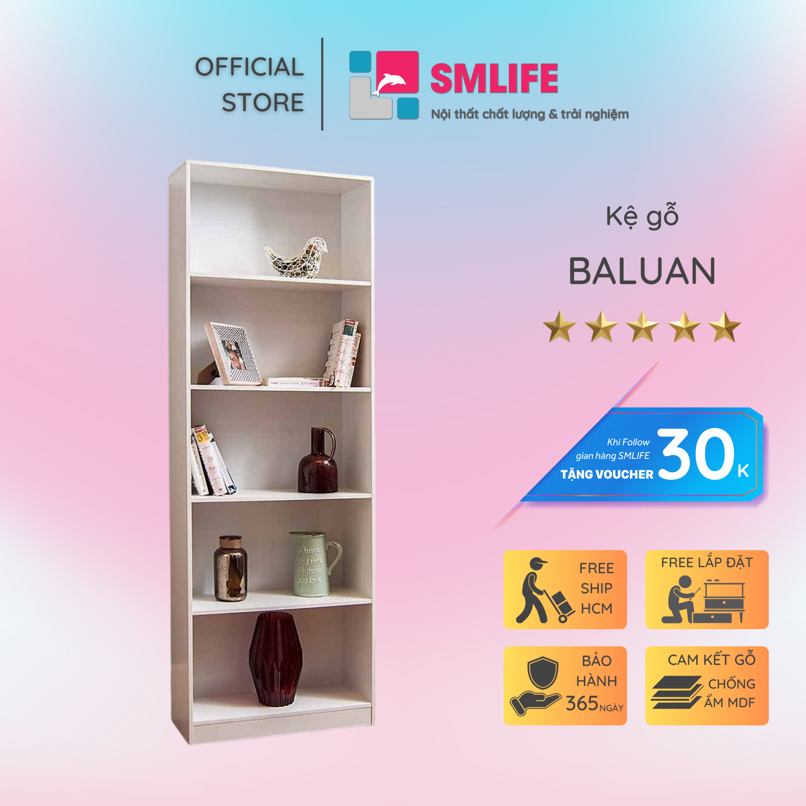 Kệ sách, kệ trang trí gỗ hiện đại SMLIFE Baluan  | Gỗ MDF dày 17mm chống ẩm | D62xR28xC175cm