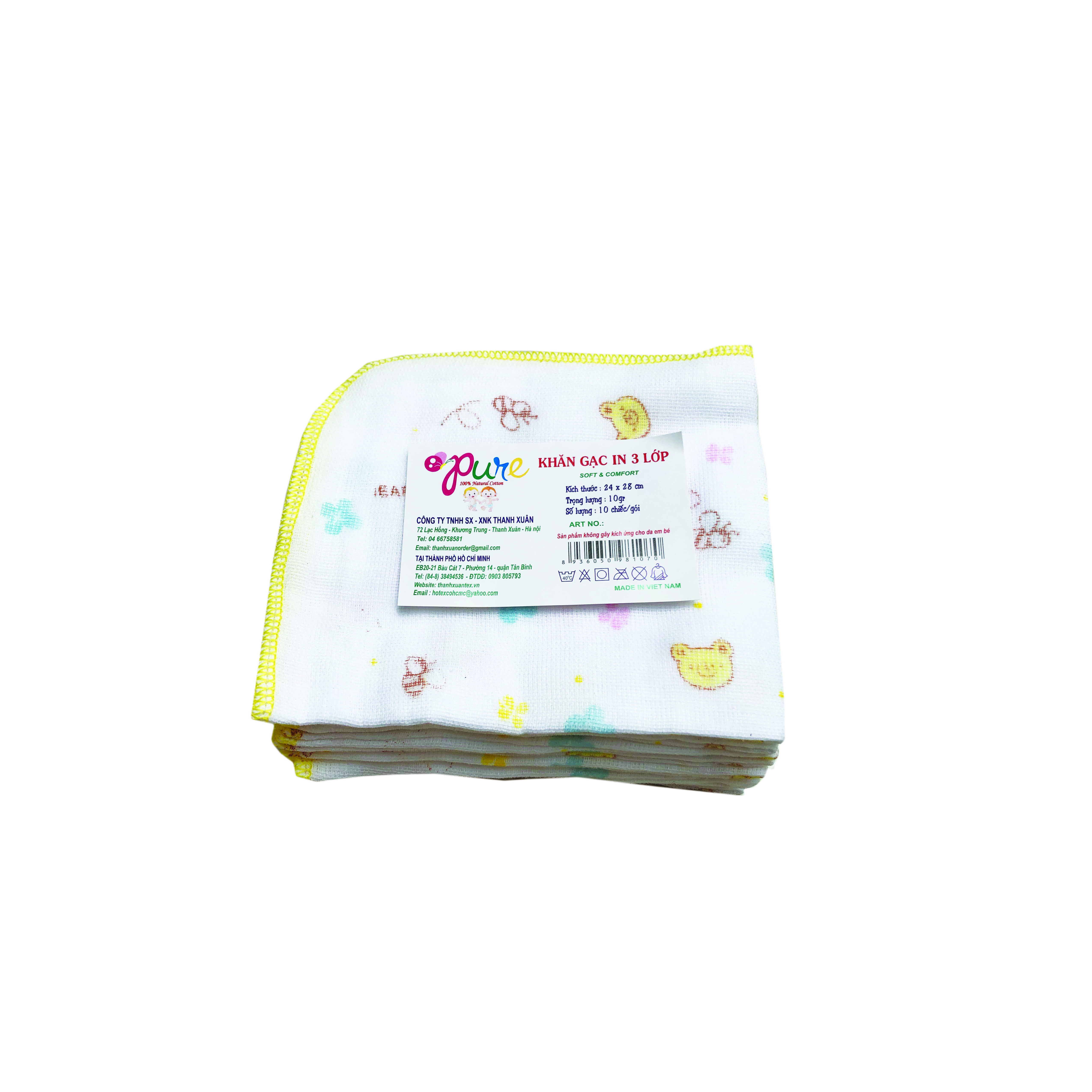 Khăn sữa Pure 100% natural cotton 3 lớp in hình kt 24*28/ 3 layer printed baby cotton gauze handkerchief