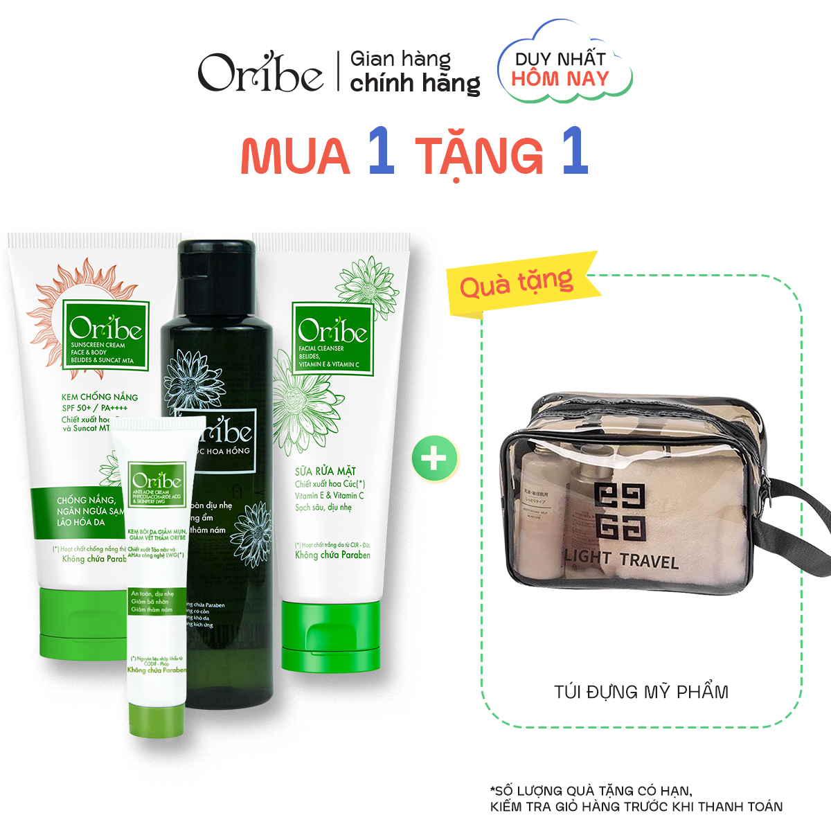 Combo Chăm Sóc Da Hằng Ngày Oribe 4 Món Srm Oribe 100G Toner Hoa Cúc 150Ml Kem Mụn 20G Kem Chống Nắng 30G