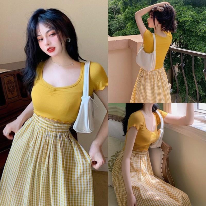 Set áo thun croptop phối váy caro xoè, Set tiểu thư cao cấp