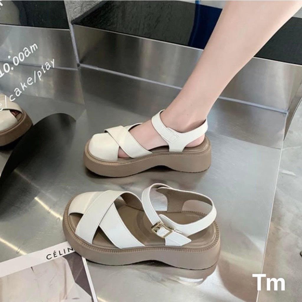 Giày sandal đế dày 4-5cm nâng chiều cao hở ngón phối quai chéo xinh xắn thời trang cho nữ