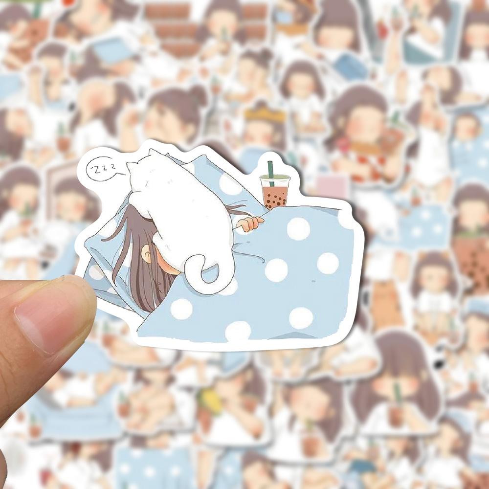 Sticker cô bé trà sữa hoạt hình cute trang trí mũ bảo hiểm, guitar, ukulele, điện thoại, sổ tay, laptop-mẫu S20