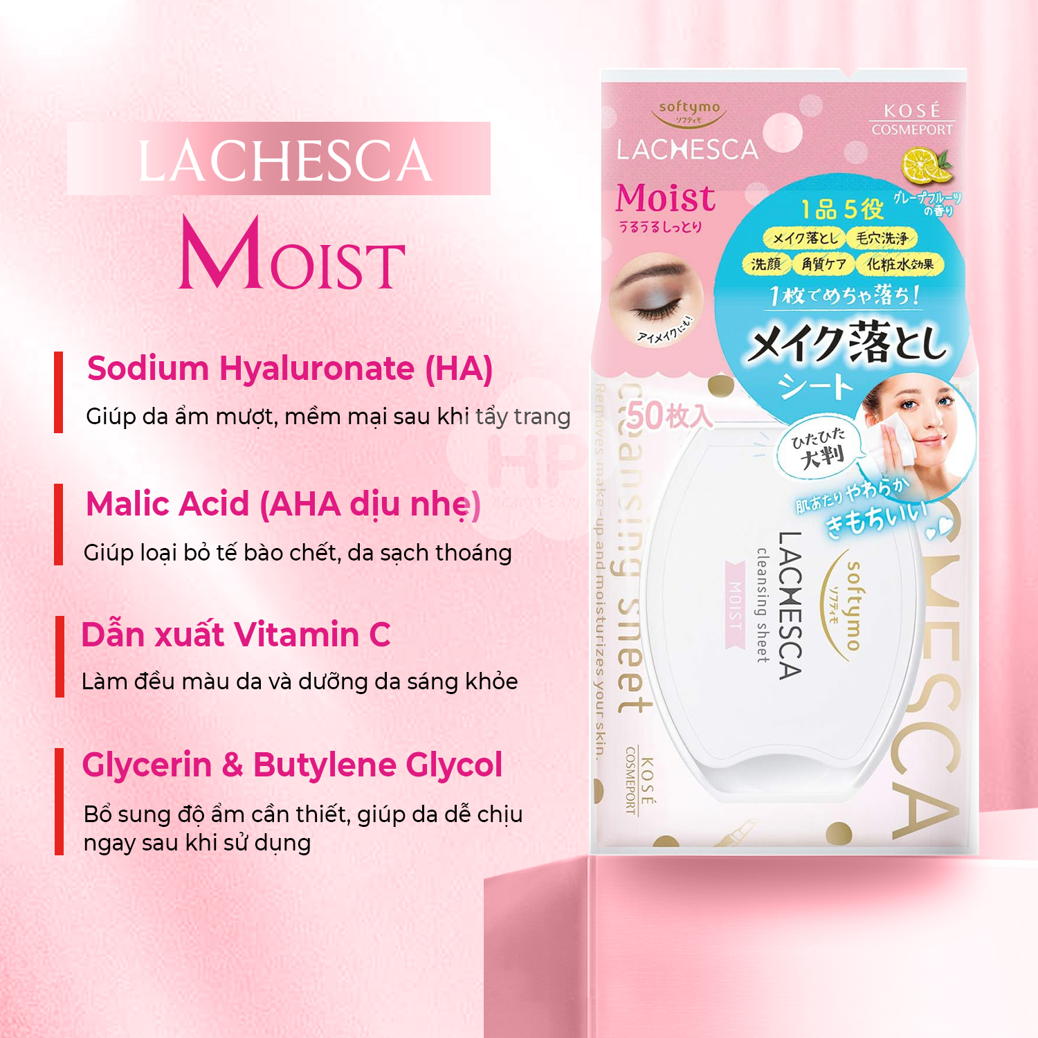 Khăn Giấy Tẩy Trang Lachesca Giúp Dưỡng Ẩm Da Softymo Lachesca Cleansing Sheet n Moist 50 Tờ / Hộp