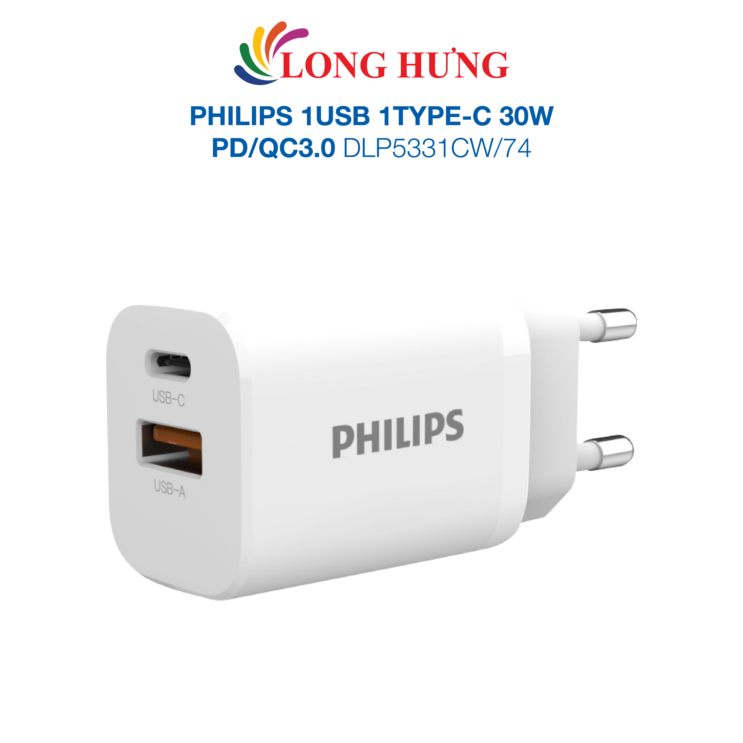 Cốc sạc Philips 1USB 1Type-C 30W PD/QC3.0 DLP5331CW/74 - Hàng chính hãng