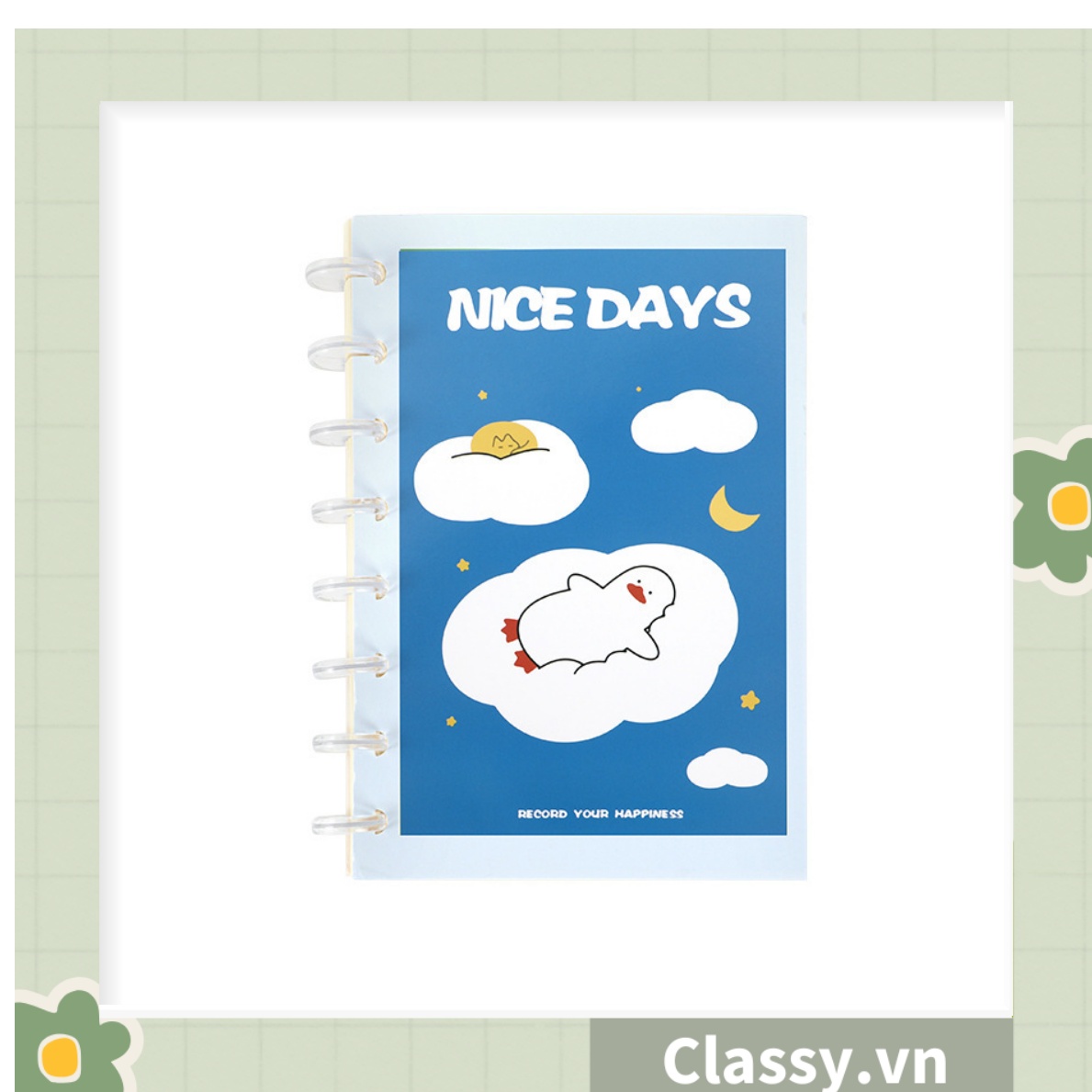 Sổ tay bìa mềm sổ lò xo có thể thay thế lõi, họa tiết vịt Gaga màu xanh, 100 trang kích thước A6 PK1797