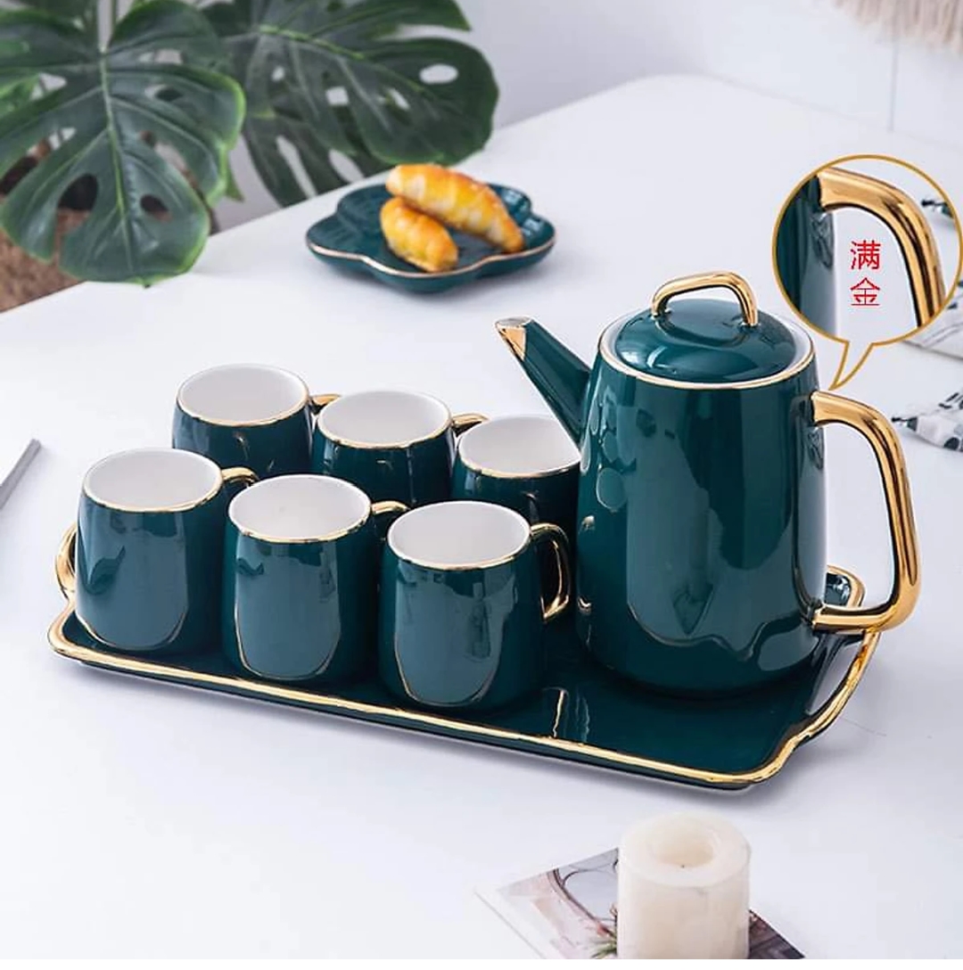 Bộ bình trà bằng Sứ uống trà , cà phê màu xanh cổ vịt viền vàng sang trọng