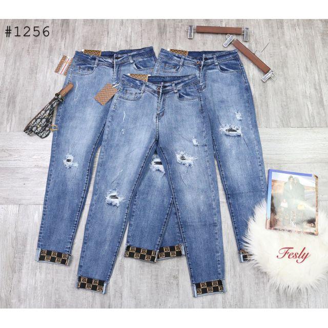 Quần Jean Nữ Baggy Xanh Điểm Gấu Lưng Cao