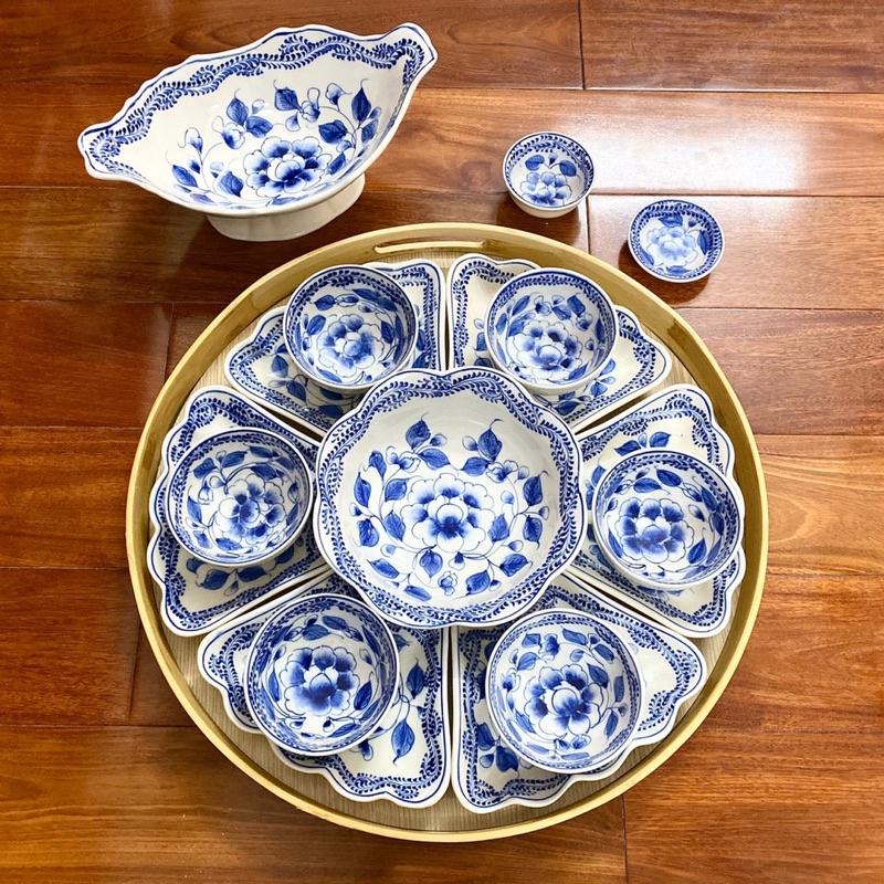 Bộ bát đĩa hoa mặt trời 16 món. Gốm sứ Bát Tràng.