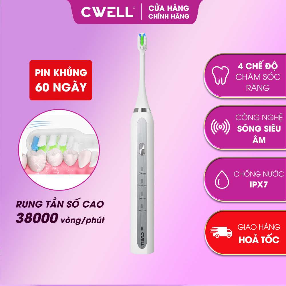 Bàn chải điện CWell S2 Pro chính hãng, công nghệ sóng siêu âm, làm trắng răng,  pin khoẻ dùng 60 ngày, bản nâng cấp 2023