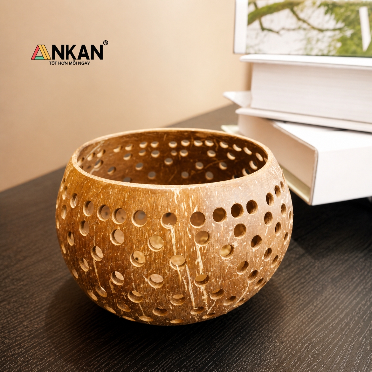 Đèn Nến Gáo Dừa Tealight ANKAN Kiểu Caro Handmade Vintage – Decor Trang Trí, Ánh Sáng Thư Giãn