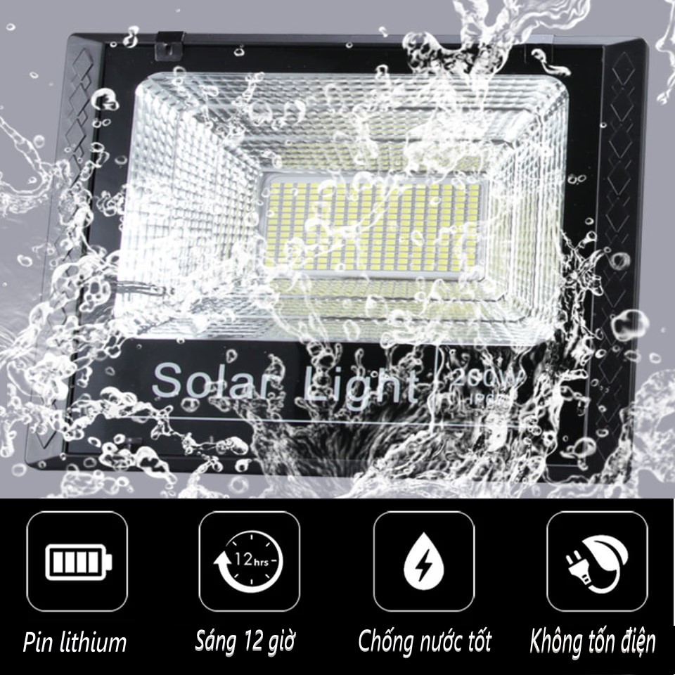 Đèn năng lượng mặt trời 200W, 420 chip Led 5730, pin 42000mAh sáng liên tục 10-15h, chống nước, bụi bẩn IP67, có đèn báo sạc pin