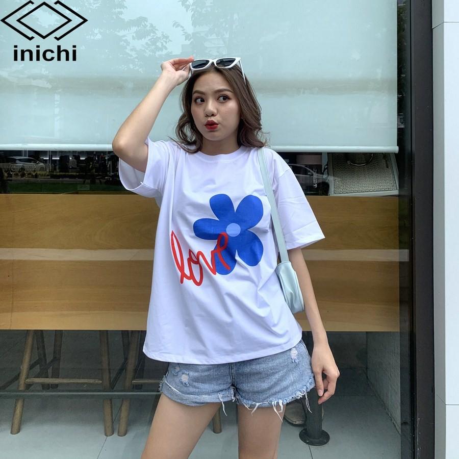 Áo thun unisex INICHI A578 tay lỡ form rộng hình in hình Love hoa 5 cánh