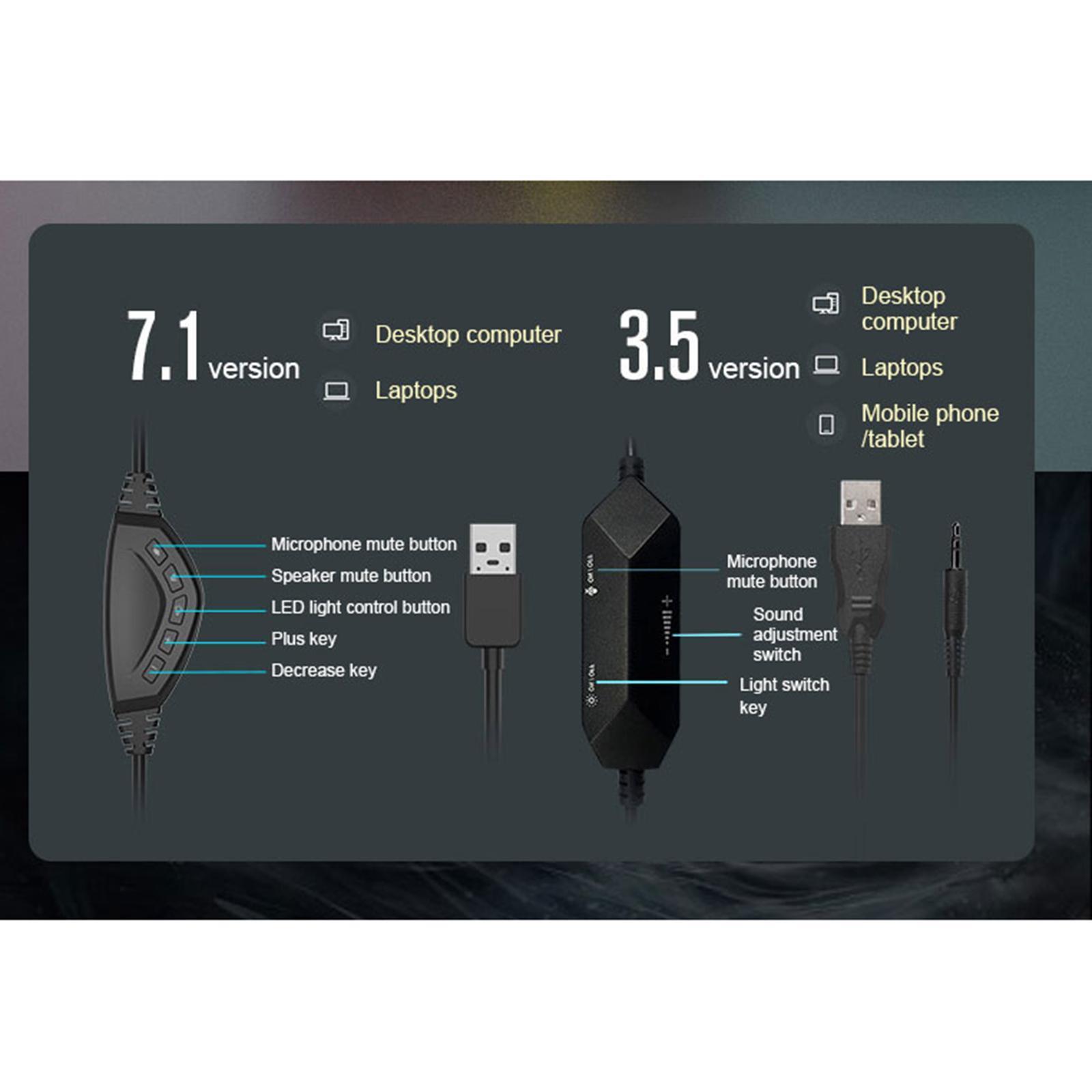 LED Colorful Over Ear Gaming Headset Headphones with Mic Black 3.5mm