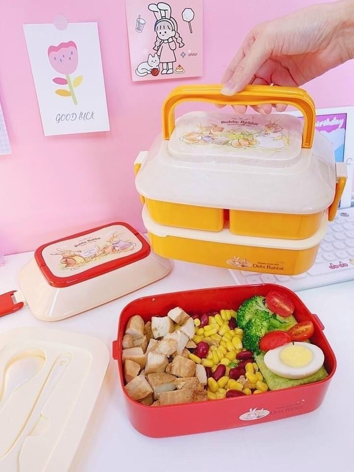 Hộp cơm 3 ngăn 2 tầng kèm muỗng nĩa - màu ngẫu nhiên