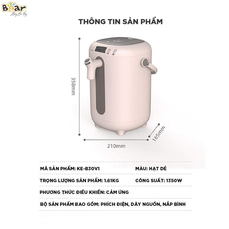 Bình thủy điện thông minh Bear KEB30V1 dung tích 3L- Hàng chính hãng