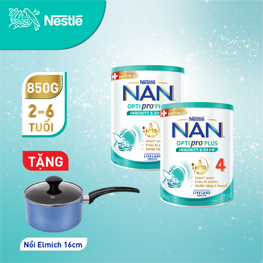 Combo 2 lon Sản Phẩm Dinh Dưỡng Nestlé NAN OPTIPRO PLUS 4 850g/lon với 5HMO Hỗ trợ Đề Kháng - Tiêu Hóa - Trí Não &amp; Chiều Cao Tặng Nồi Bếp Từ Elmich Cao cấp 16cm