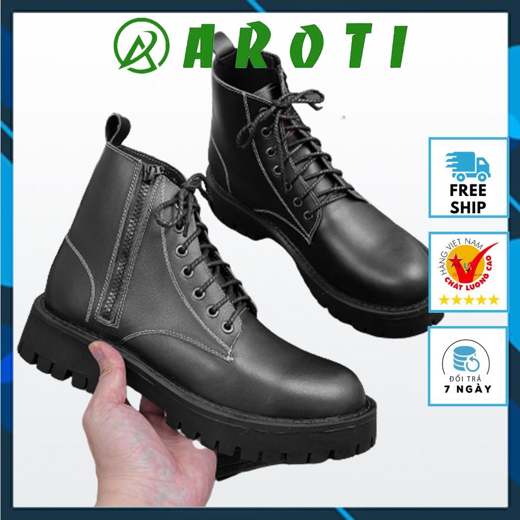 Giày Combat Boots Nam AROTI Zip Boots Cổ Cao Chất Da Bò Đẹp Cao Cấp,Đế Khâu Chắc Chắn, Tăng Chiều Cao 5cm G610-Đ