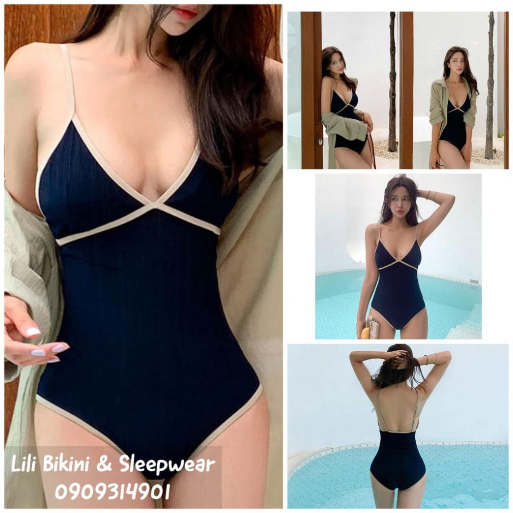 Bikini mẫu mới 2021 Hàn Quốc màu xanh navy viền sang trọng, tôn dáng hàng cao cấp vải xịn có mút lót ngực