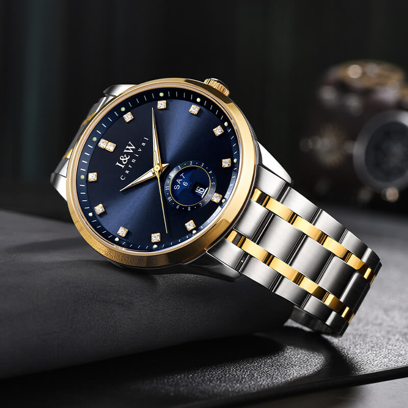 Đồng hồ nam chính hãng I&amp;W Carnival 625G-T2 hàng mới fullbox,kính sapphire,chống xước,chống nước 50m,Bh 24 tháng,máy cơ (automatic),mạ vàng dây thép không gỉ