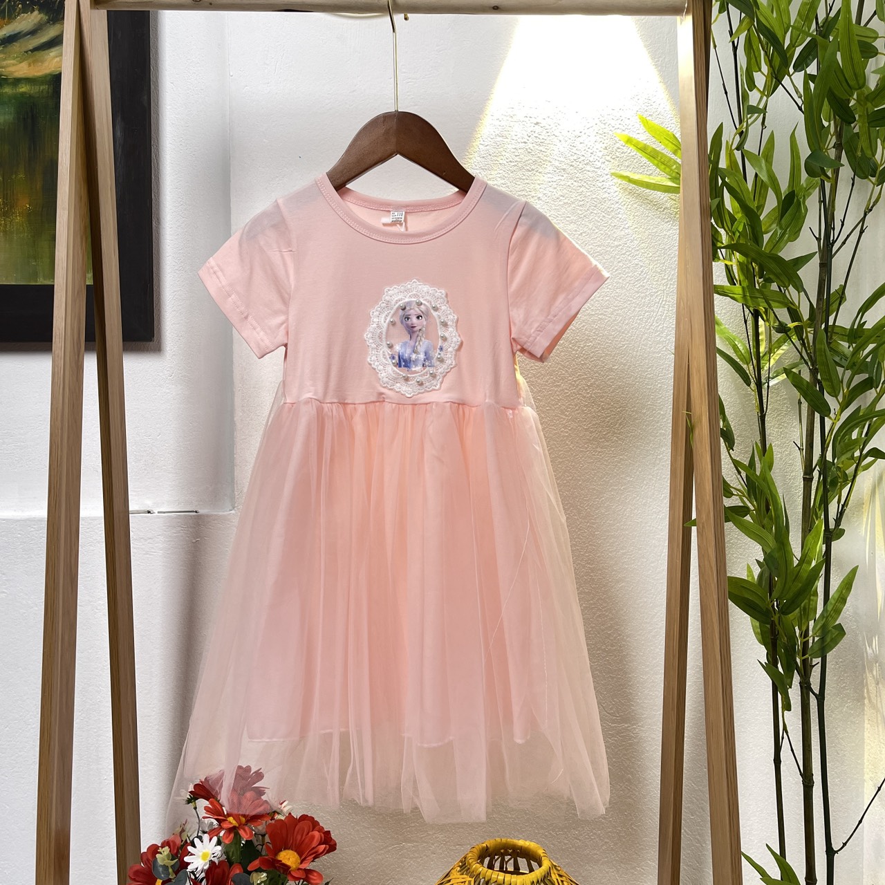 Váy công chúa bé gái cộc tay, Đầm dự tiệc cho bé 3-8 tuổi Elsa đính ngọc vải ren cao cấp điệu đà đáng yêu