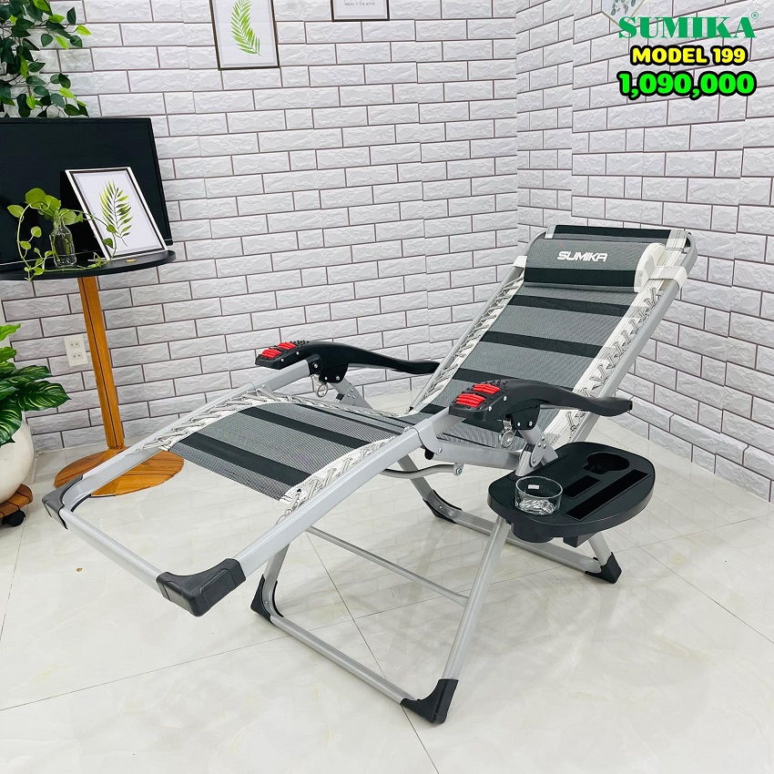 Ghế xếp thư giãn SUMIKA 199 - Khóa Kim loại Bền Bỉ- có lăn tay massage, khung vuông cao cấp, tải trọng 300kg - Tặng Kèm Khay + Gối - Luôn Có Phụ Kiện Thay Thế