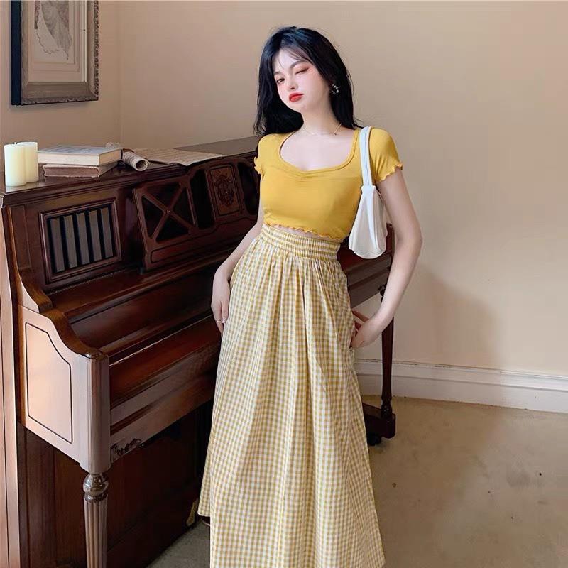 Set áo thun croptop phối váy caro xoè, Set tiểu thư cao cấp