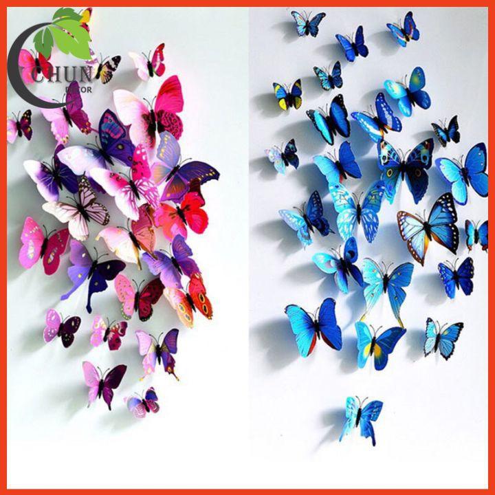 Combo 12 decal dán tường hình bướm 3D trang trí cửa kính, tủ quàn áo, giỏ hoa, ảnh treo tường
