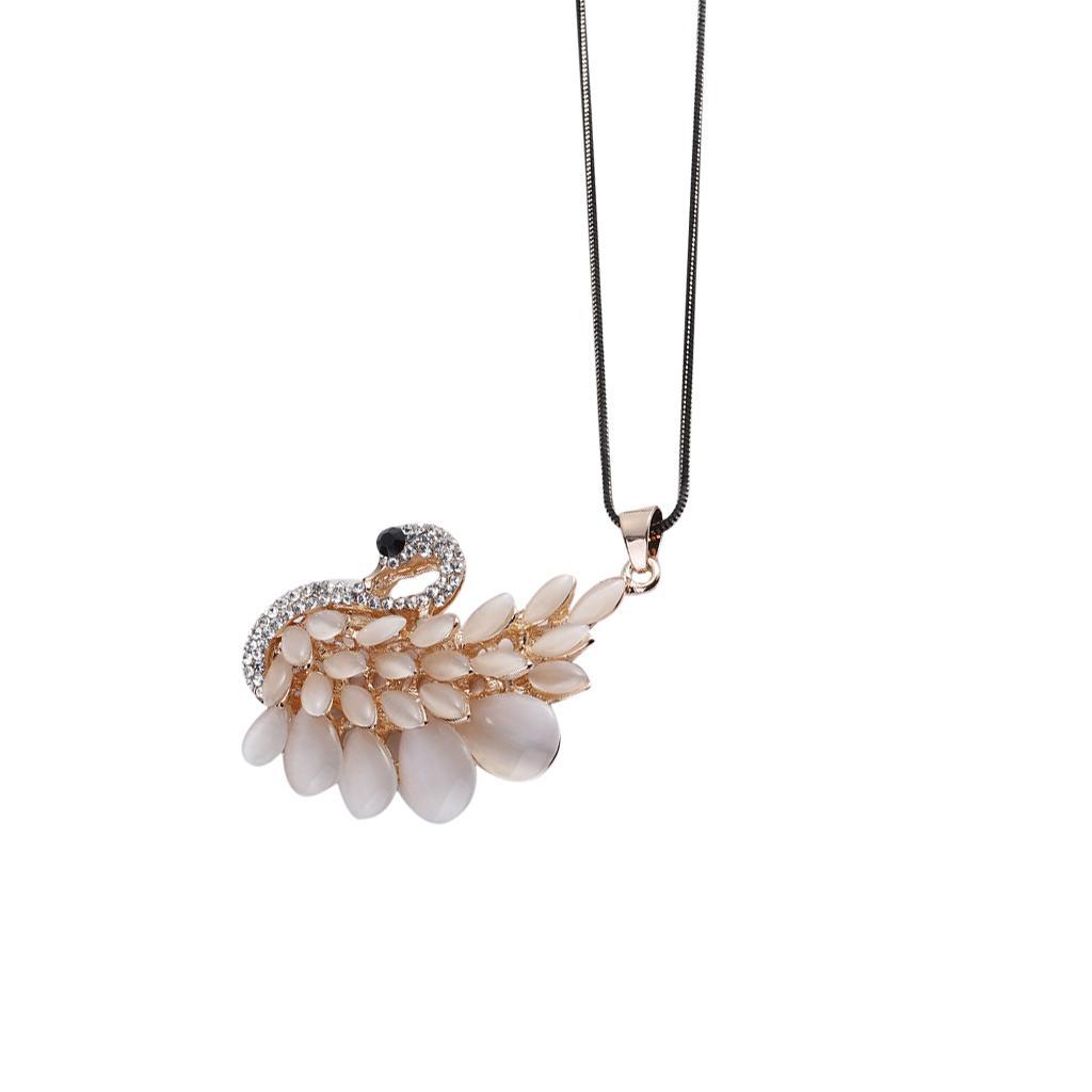 Charm Opal Crystal Swan Pendant Necklace Rhinestone Sweater Chain Necklace