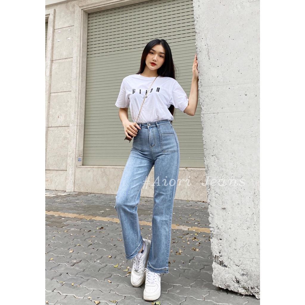 Quần Jeans Nữ AIORI Ống Suông Đứng Nắp Túi Dáng dài chất bò jean cao cấp co giãn mềm mịn thời trang 4 mùa Mã E002 - Xanh Đậm, Xanh Đậm