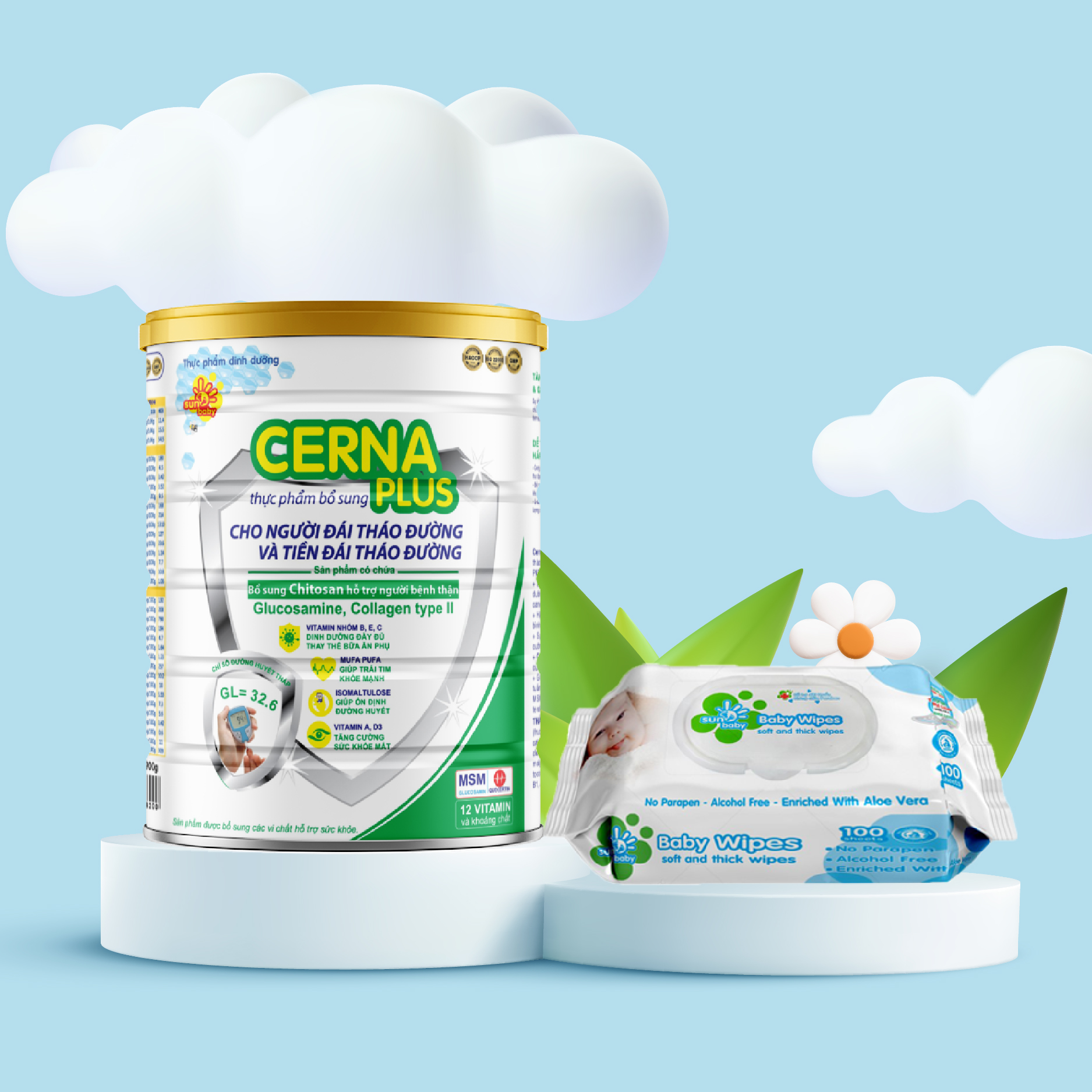 Sữa Bột Dinh Dưỡng Sunbaby Cerna Plus Dành Cho Người Đái Tháo Đường và Tiền Đái Tháo Đường SS2810_Tặng kèm bịch khăn ướt 100 tờ không mùi
