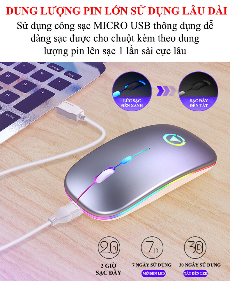 Chuột Không Dây YINDIAO A2 kết nối BLUETOOTH và chip USB 2.4GHz có đèn led 7 màu với nút nhấn không ồn - Hàng Chính Hãng