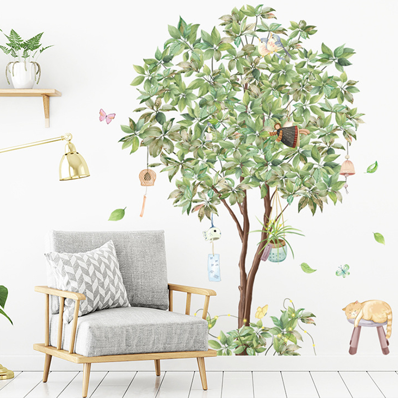 Decal dán tường trang trí phòng khách, quán cafe- Mèo vàng bên cây xanh-