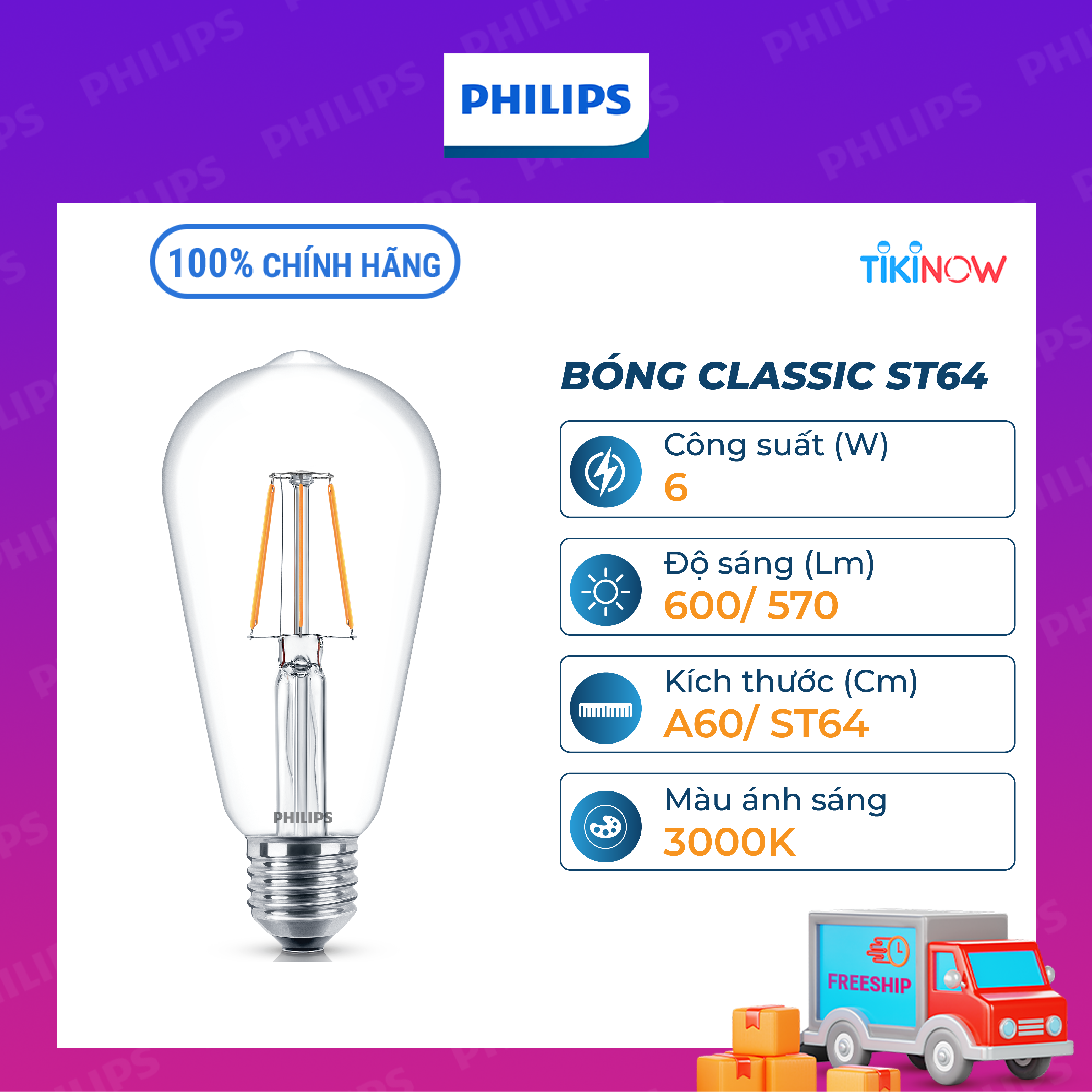 Bóng đèn Philips LED Classic (ánh sáng vàng 3000K) - Thiết kế cổ điển, ánh sáng chất lượng cao