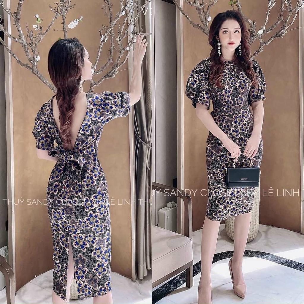 Đầm body hoạ tiết tay phồng hở lưng kèm mút