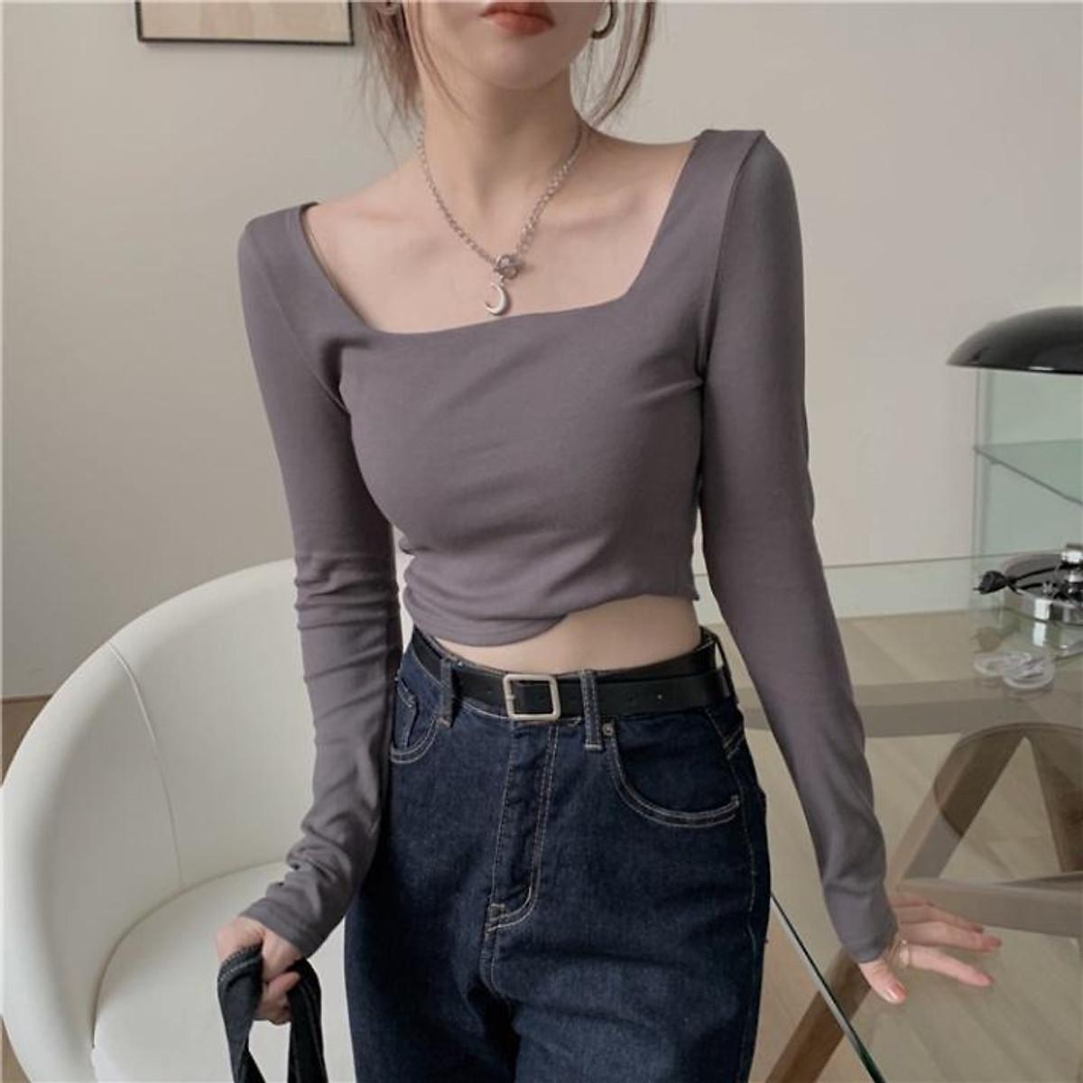 Áo croptop nữ ôm body cổ vuông tay dài, Croptop Nữ trơn màu dài tay cổ vuông, Áo crt nữ siêu ôm dáng