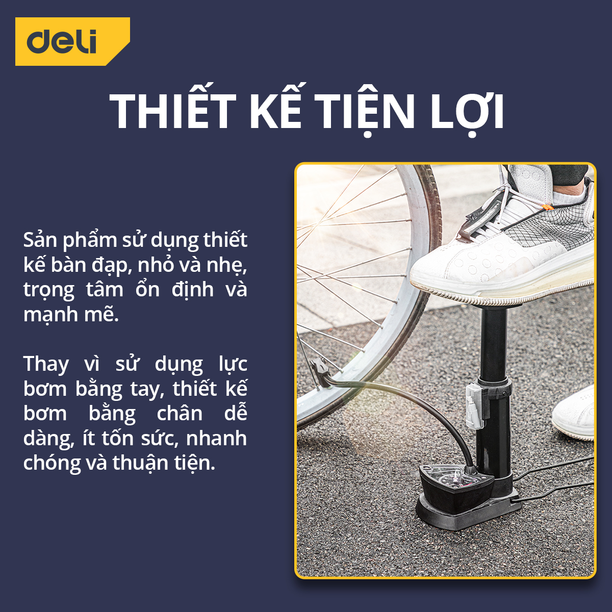 Bơm Xe Đạp Deli Đạp Chân Chính Hãng, Tích Hợp Đồng Hồ Áp Suất, Nhỏ Gọn, Dễ Dàng Mang Theo Tiện Dụng DL880003