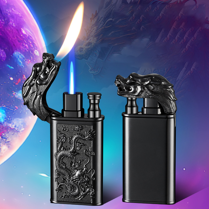 Vỏ Hột Quẹt Bật Lửa Gas 2 Chế Độ Lửa HB-784 Khắc Họa Tiết Rồng Nổi May Mắn - Nhiều Màu