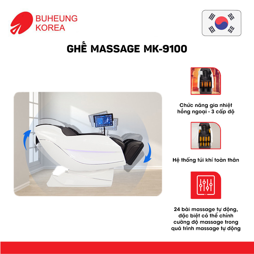 Ghế Massage thương gia Buheung MK-9100 4D King Royal, hệ thống túi khí, 24 bài massage tự động, bảo hành chính hãng