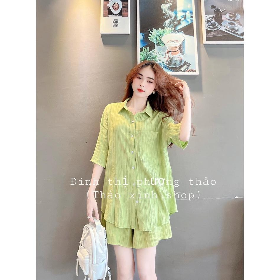 Bộ đùi nữ Set sơ mi sọc xanh lá cột nơ lưng, Set sơ mi sọc xanh lá quần sooc chất đũi thắt nơ lưng