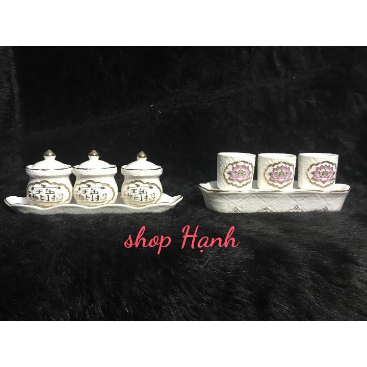 Bộ 3 chung nước bạch ngọc cao cấp sen hồng