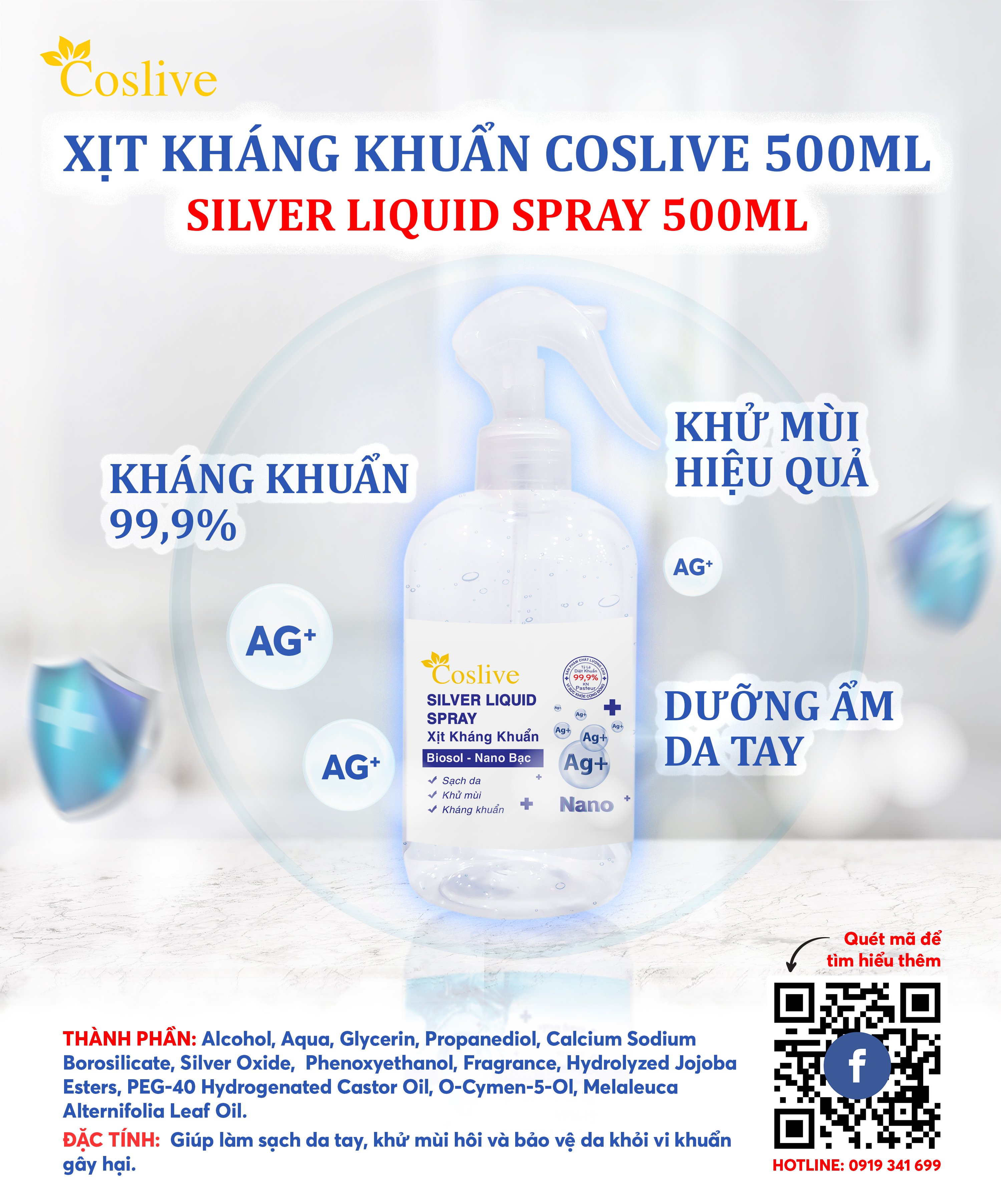 XỊT KHÁNG KHUẨN NANO BẠC COSLIVE 500ML