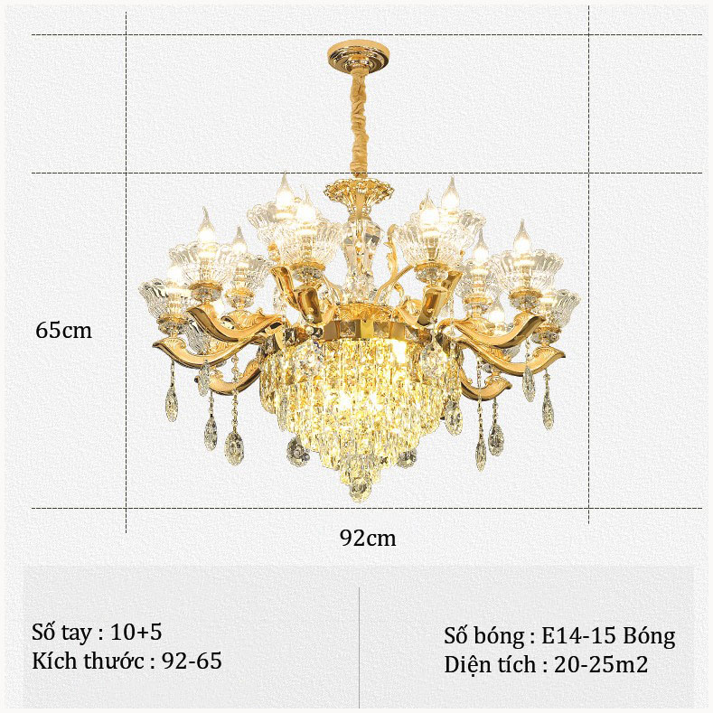 Đèn chùm trang trí, Đèn pha lê K9 CAO CẤP, Thân hợp kim mạ Vàng, TẶNG BÓNG LED ĐỔI MÀU, Ảnh công trình thực tế, Mã 5003