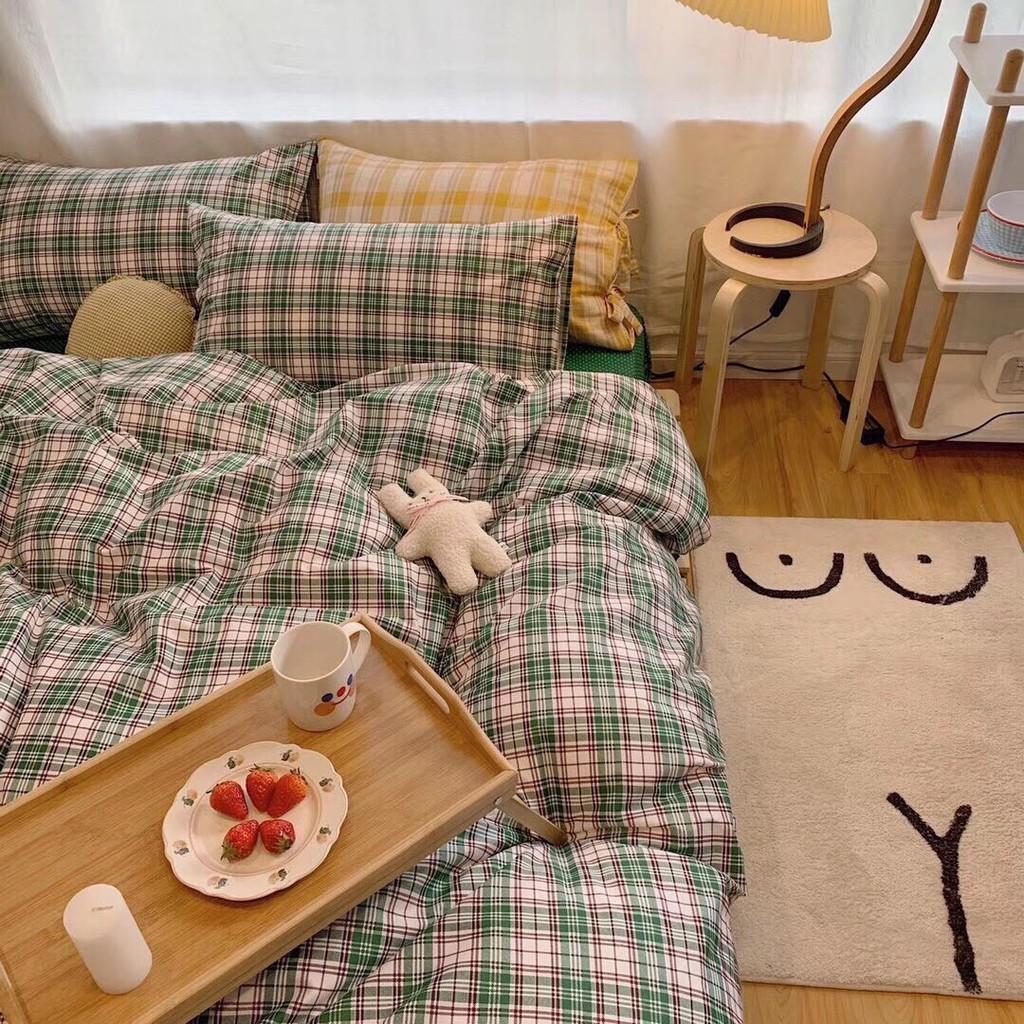 Bộ chăn ga Cotton Poly M2T BEDDIND phong cách Hàn Quốc - PL kẻ xanh lá